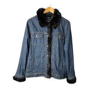 Dennis Basso Penny Lane Denim Jacket Faux Fur Trim Collar Cuff Women Size Medium